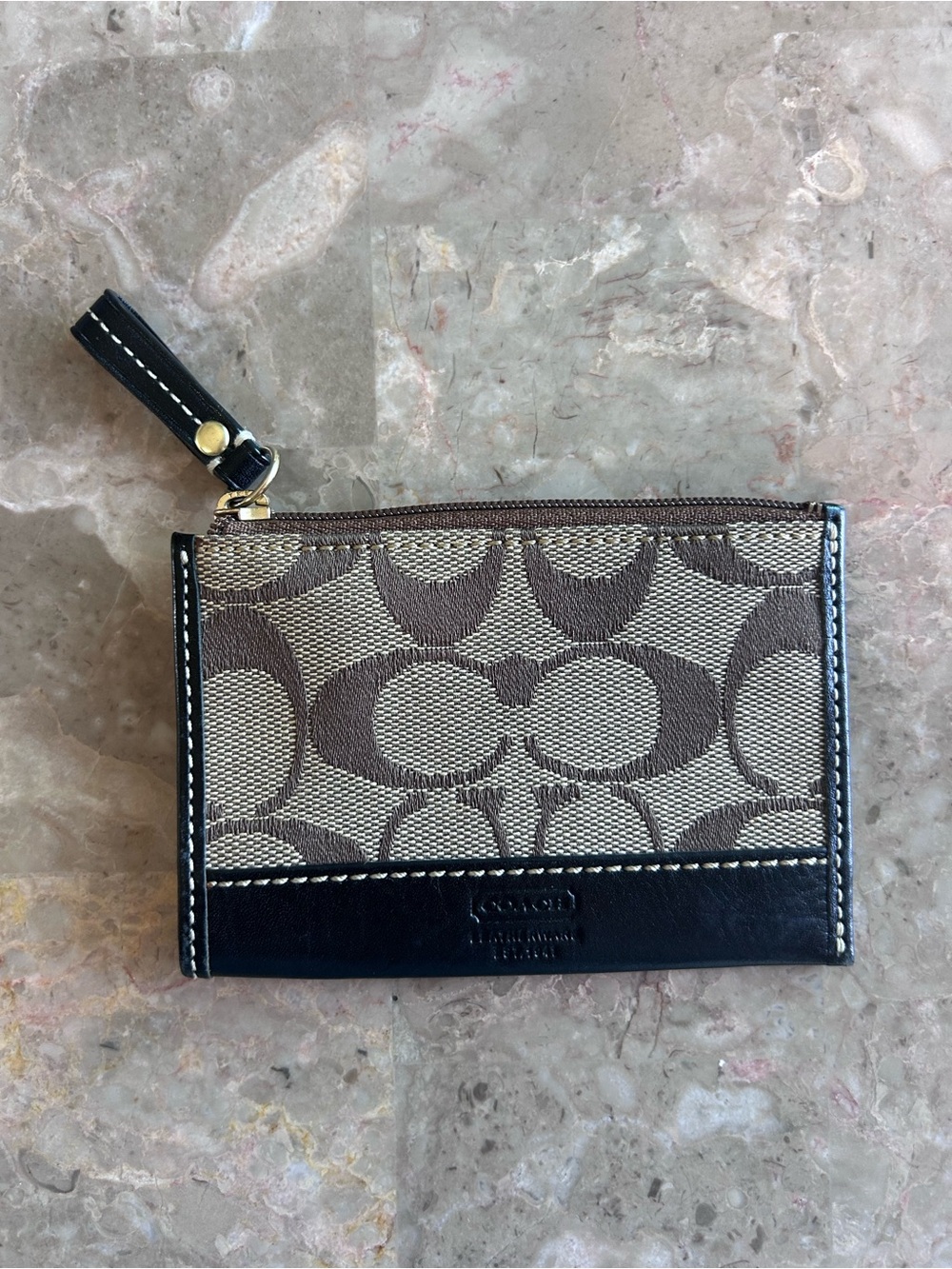 Coach Brown Signature Canvas & Black Leather Zip Card Holder